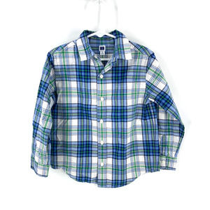 Janie and Jack Blue White Green Plaid Button-Down Long Sleeve Shirt Boys Size 5